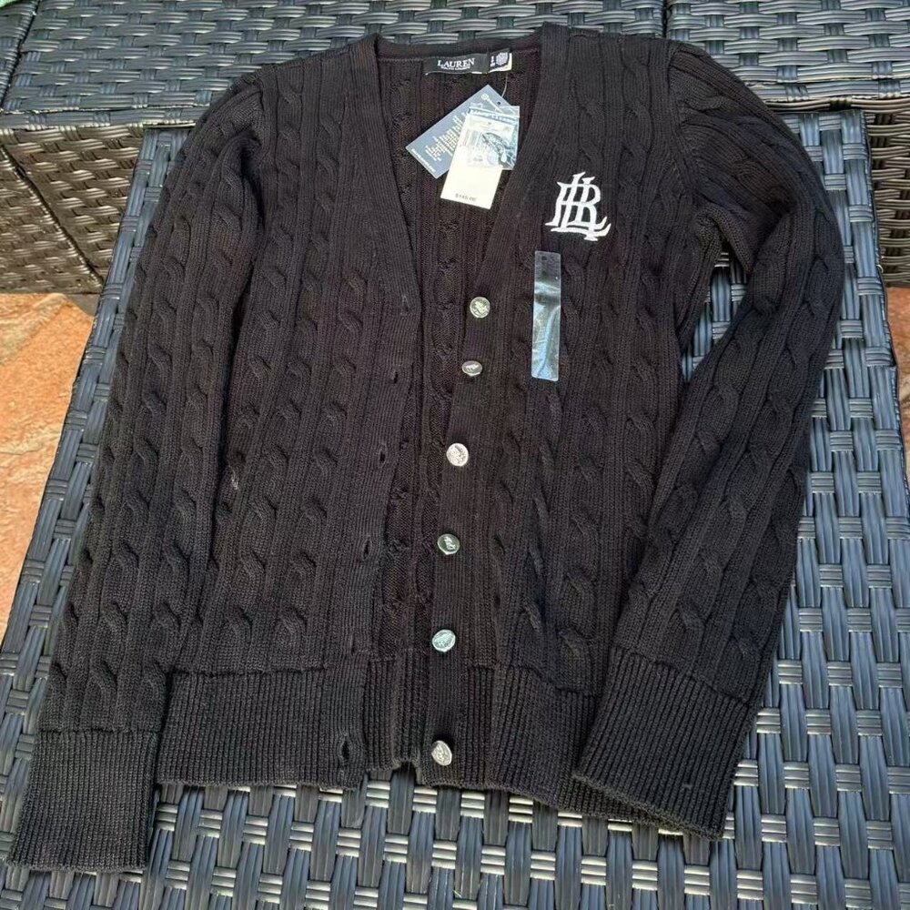 NEW Lauren Ralph Lauren Women Cable Knit Cardigan Sweater Black Size S NWT